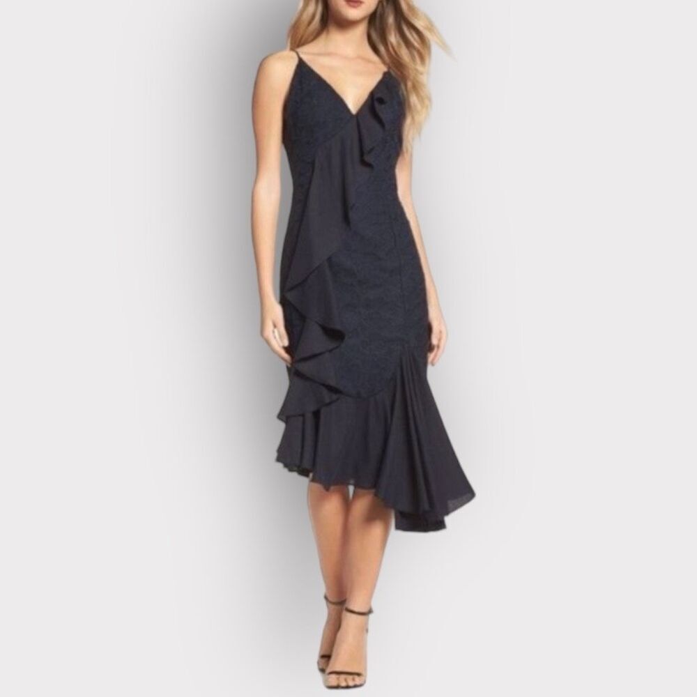 C/MEO Collective Phase Cascading Ruffle Navy Blue Midi Dress